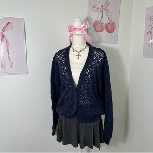 American Weekend Vintage 90s Cottage Crochet Button Knit Cardigan‎ Navy Womens M